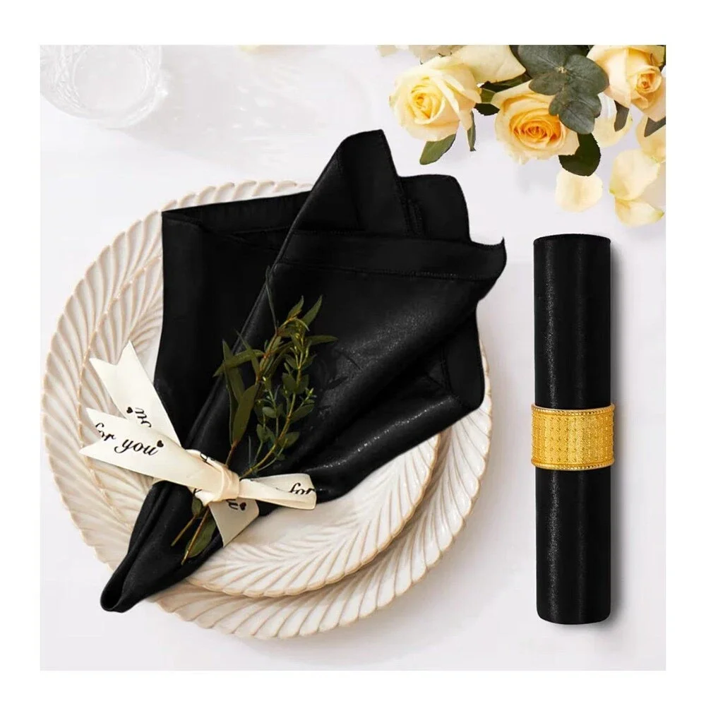 12 Pack Satin Table Cloth Napkins, 17x17 Inch Black Silky Cloth Napkins